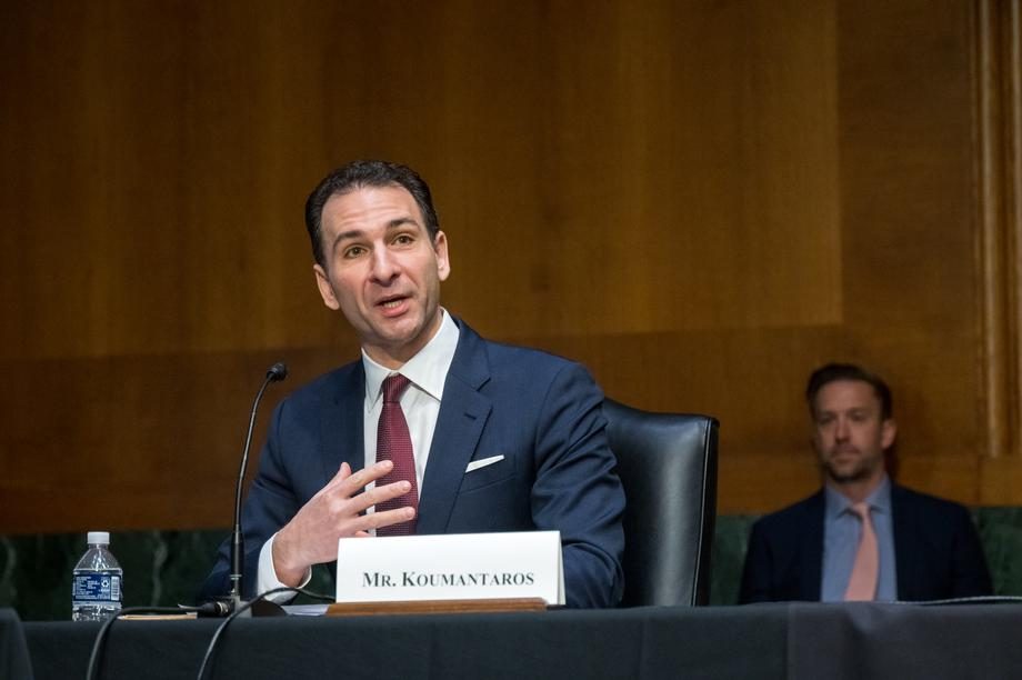 Petros Koumantaros testifying at the witness table before the U.S. Senate HELP Committee